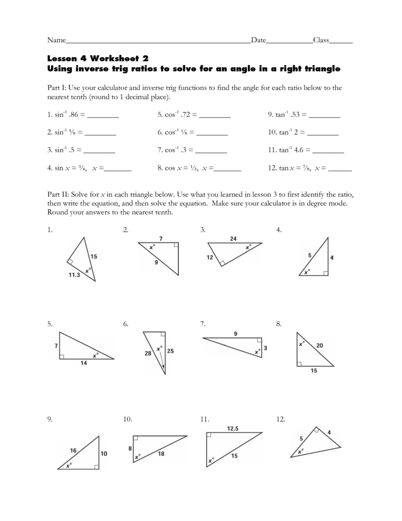 Inverse Ratios Right Triangle Trigonometry Worksheet