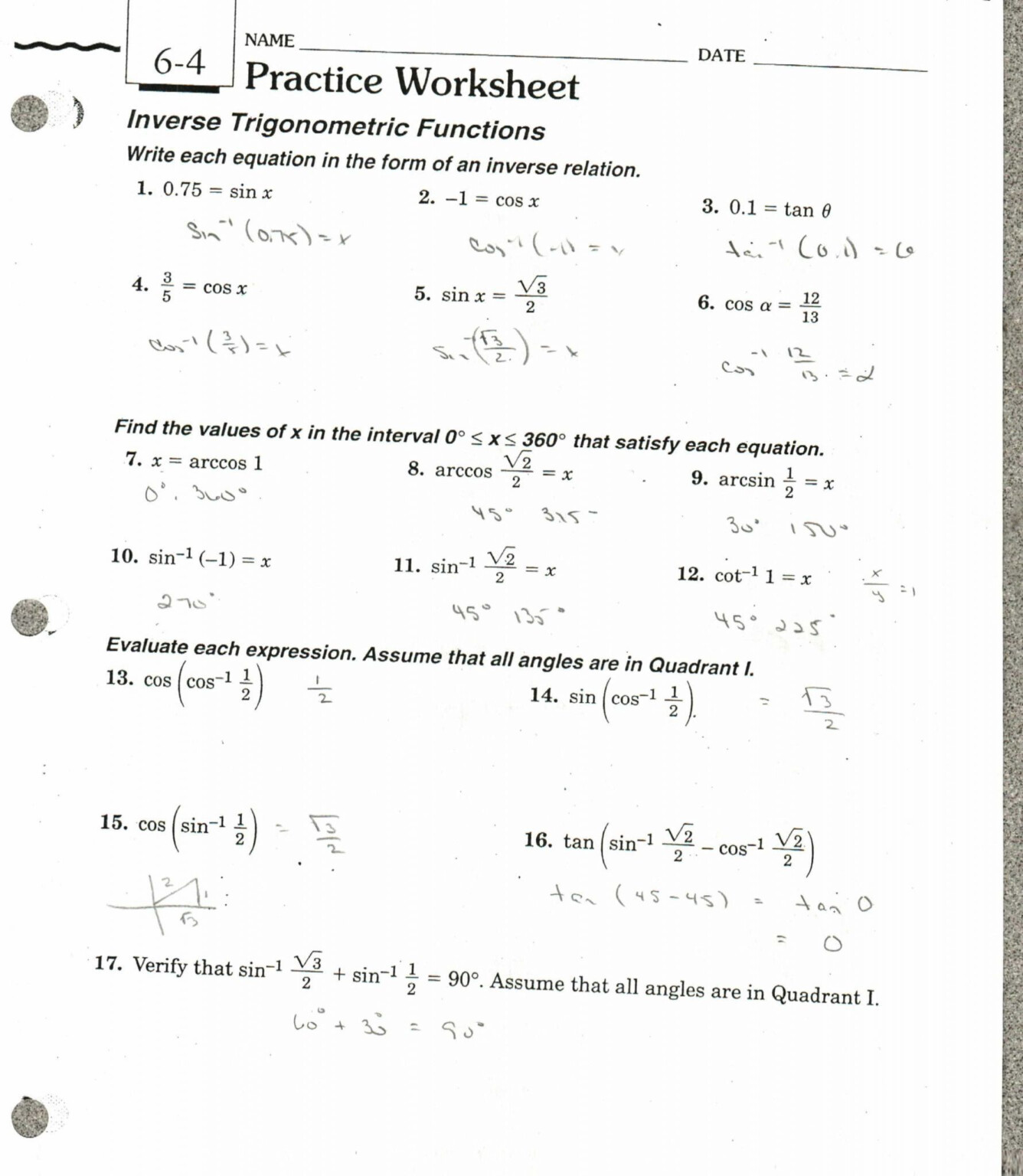 Practice Worksheet Inverse Trig Functions And Review Trix Answers 