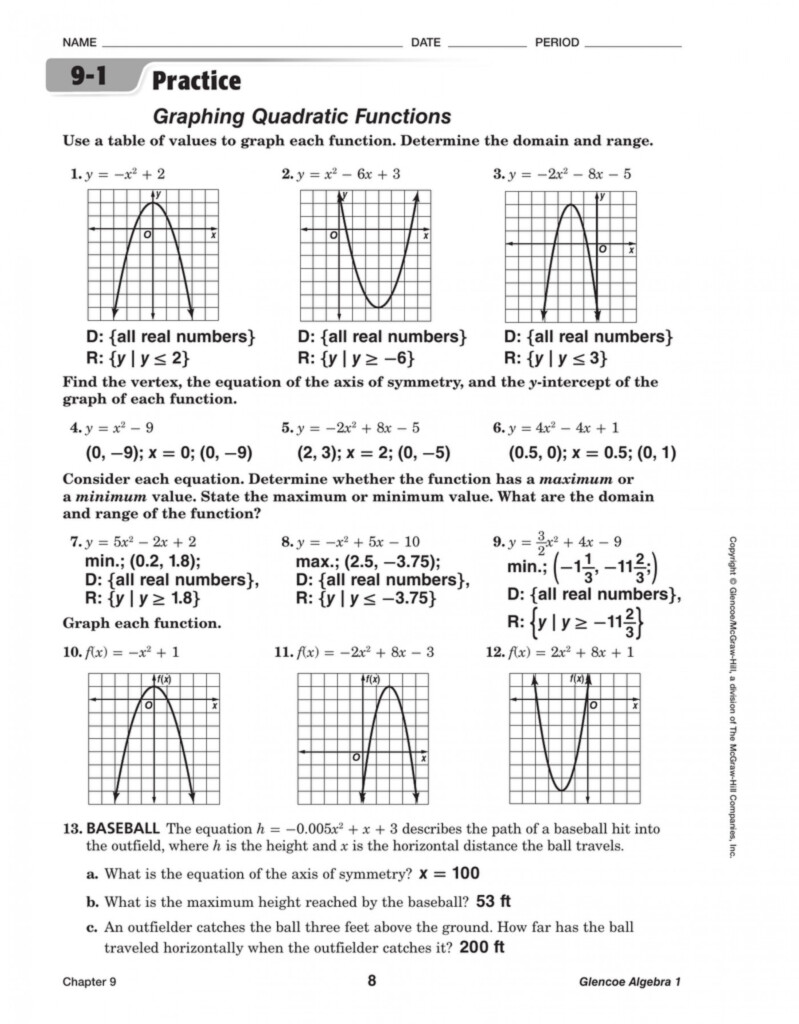 Practice Worksheet Graphing Quadratic Functions In Standard Form Db