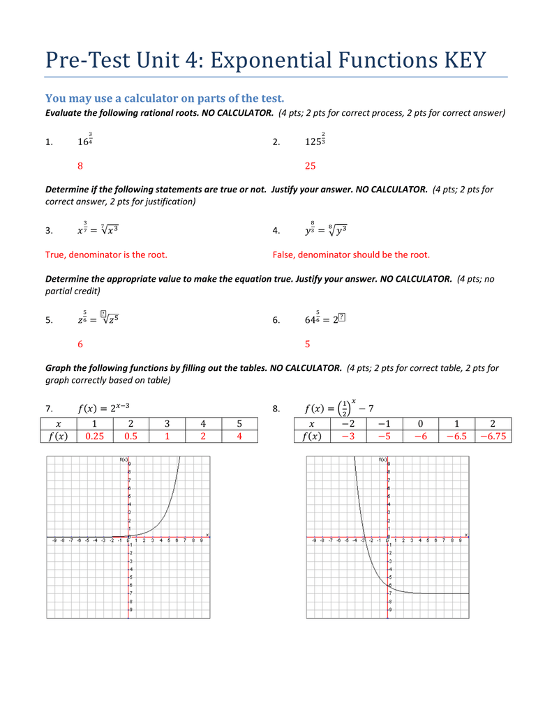 Pre Test Unit 4 Exponential Functions KEY You May Use A Calculator On 