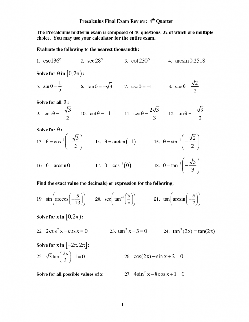 Precalculus Worksheets With Answers Pdf FREE Trigonometry Ratio 