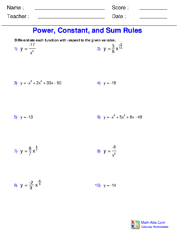 Printable Derivative Practice Worksheet Differentiation Chain Rule 