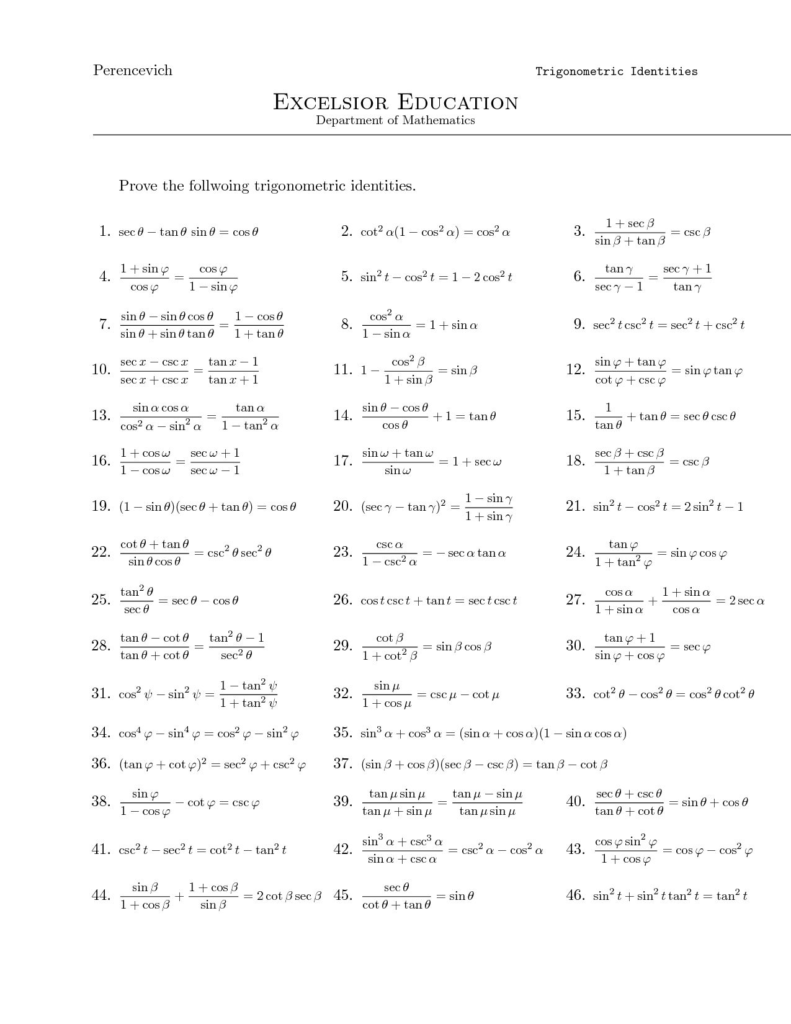 Proving Trigonometric Identities Worksheet With Answers