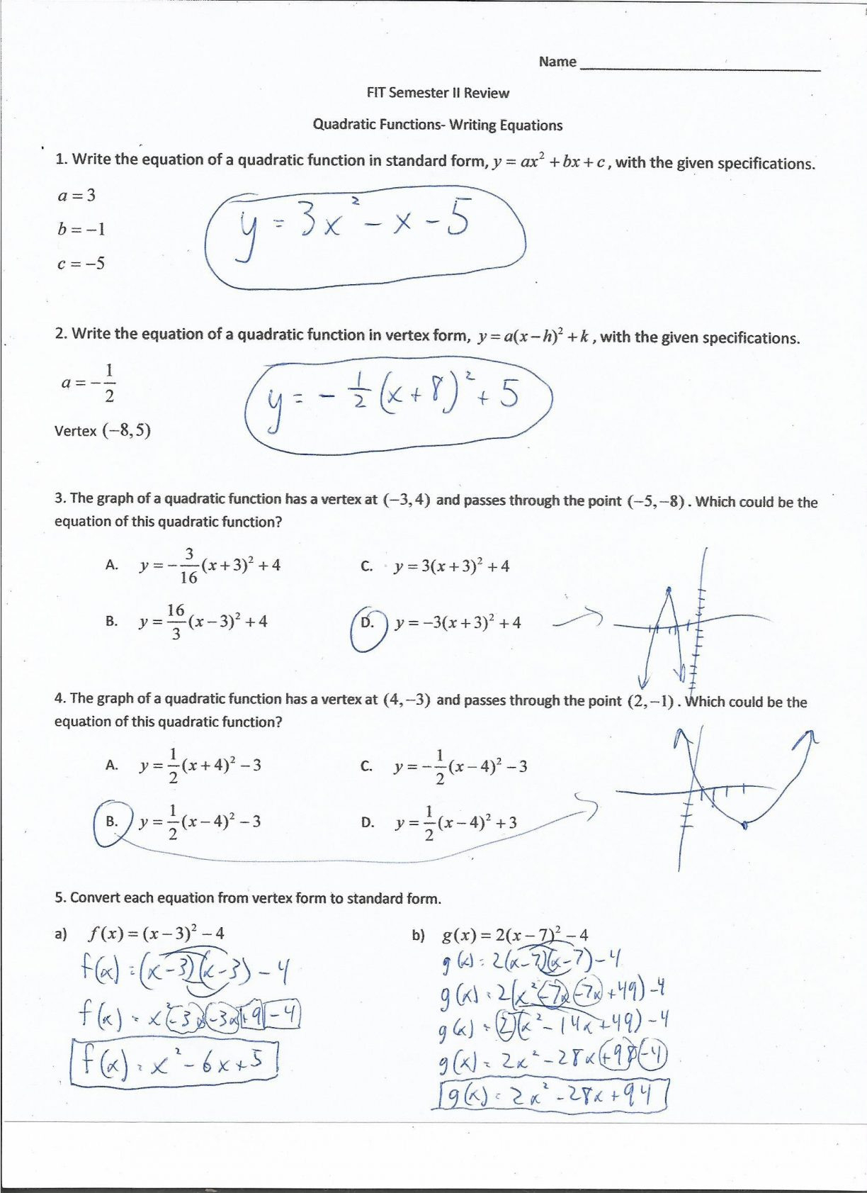 Algebra 18 2 Worksheet Characteristics Of Quadratic Functions Answer 