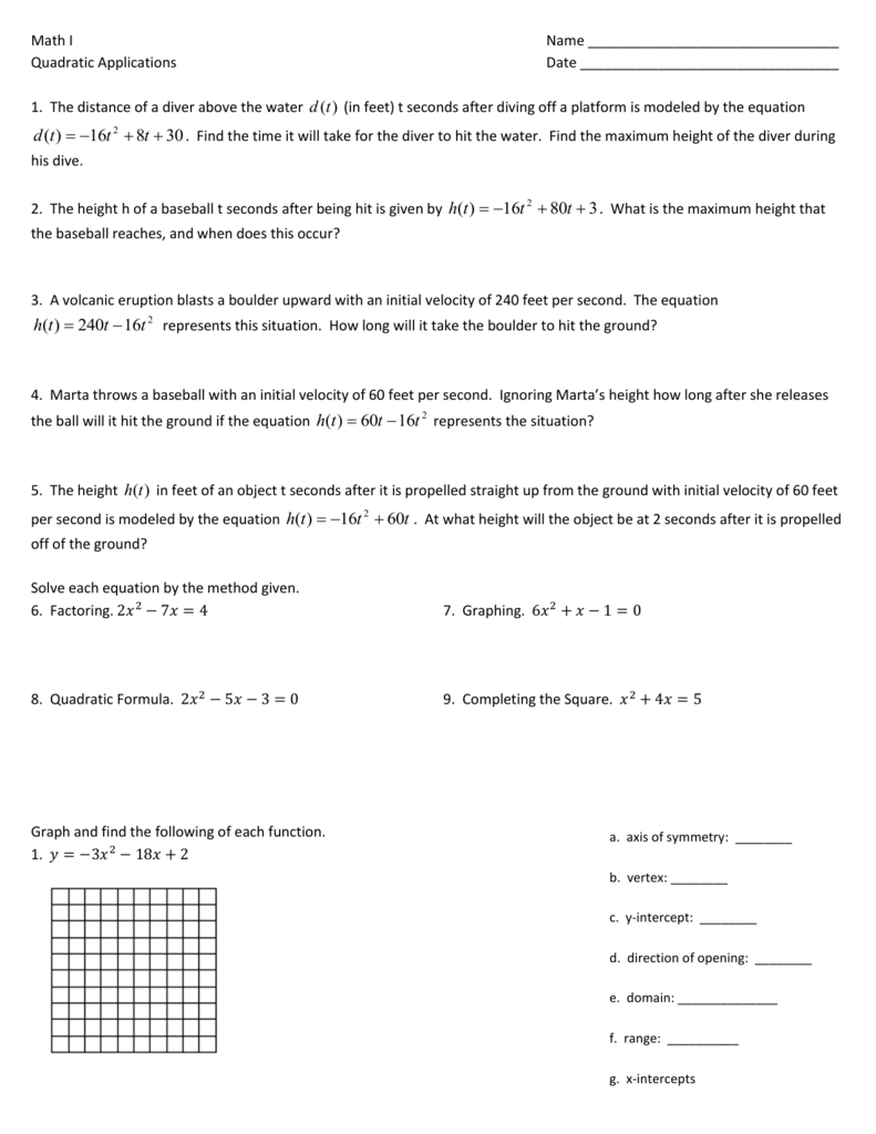 Quadratics Applications Homework Worksheet