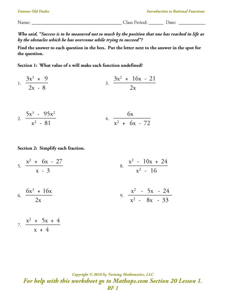 Solving Rational Expressions Worksheet With Answers Pdf
