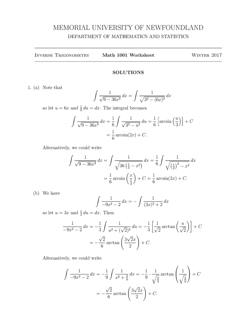 Solutions Worksheet On Integrals Leading To Inverse Trigonometric 