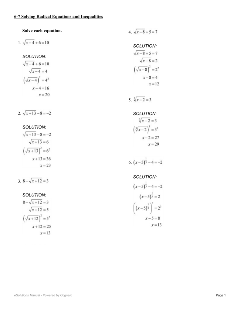 Solving Radical Equations Worksheet Answer Key Algebra 2 Worksheets 