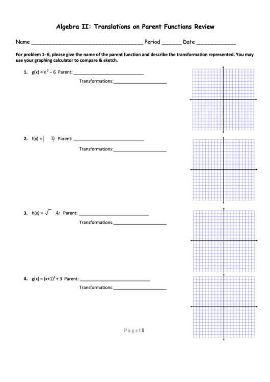 Translations On Parent Functions Review Worksheet Printable Pdf Download