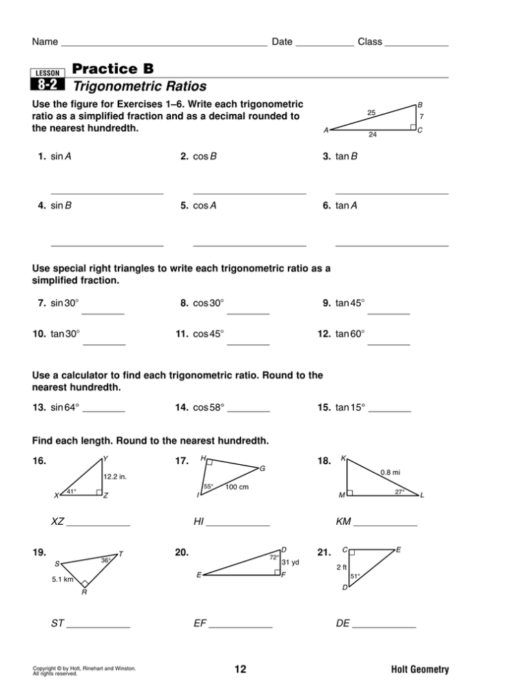 Trigonometric Ratios In Right Triangles Answers Trigonometric Ratios Function Worksheets 0268