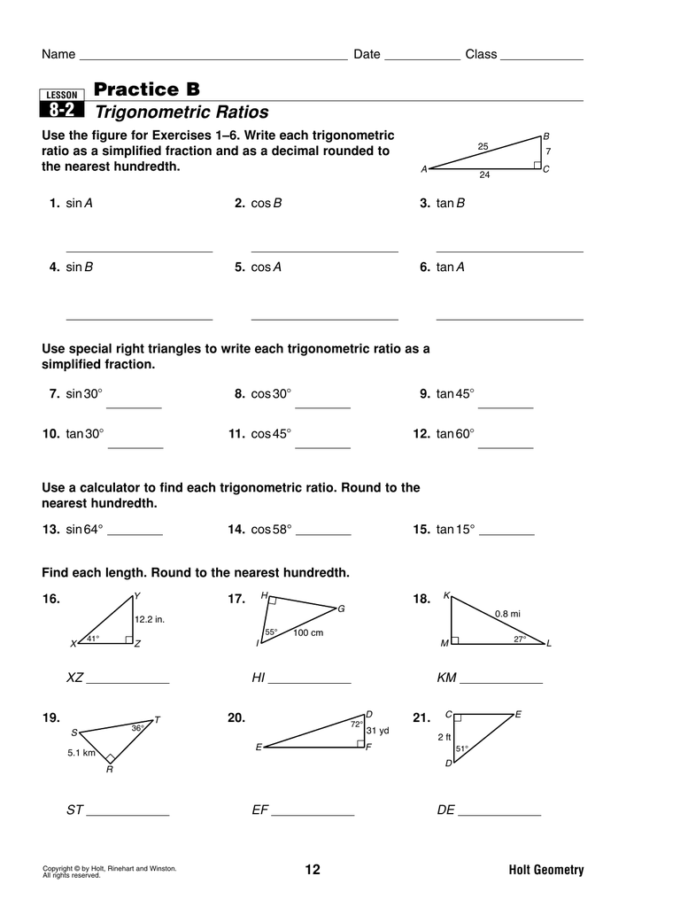 Trigonometric Ratios In Right Triangles Answers Trigonometric Ratios 