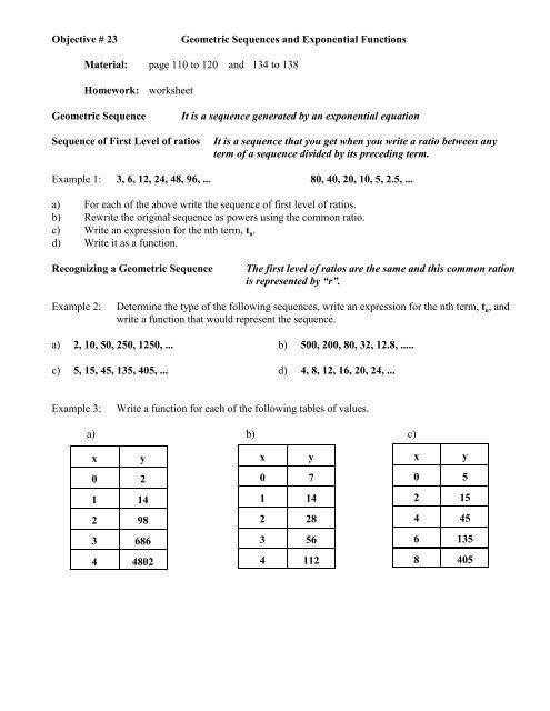 Writing Exponential Functions Worksheet Objective 23 Geometric 