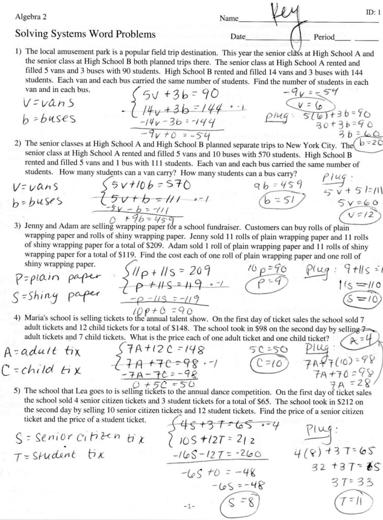 30 Systems Of Linear Equations Word Problems Worksheet Worksheet