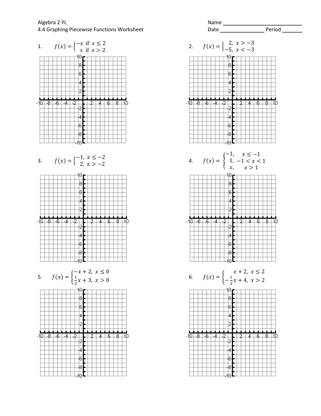 36 Algebra 2 Yl 4 4 Graphing Piecewise Functions Worksheet Support 