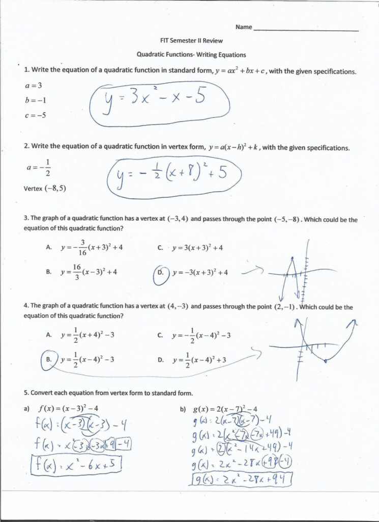 9 2 Worksheet Characteristics Of Quadratic Functions Answer Key