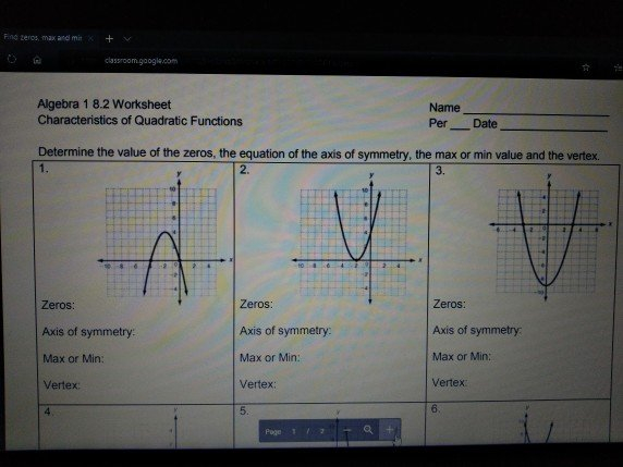 Algebra 1 8 2 Worksheet Characteristics Of Quadratic Functions 