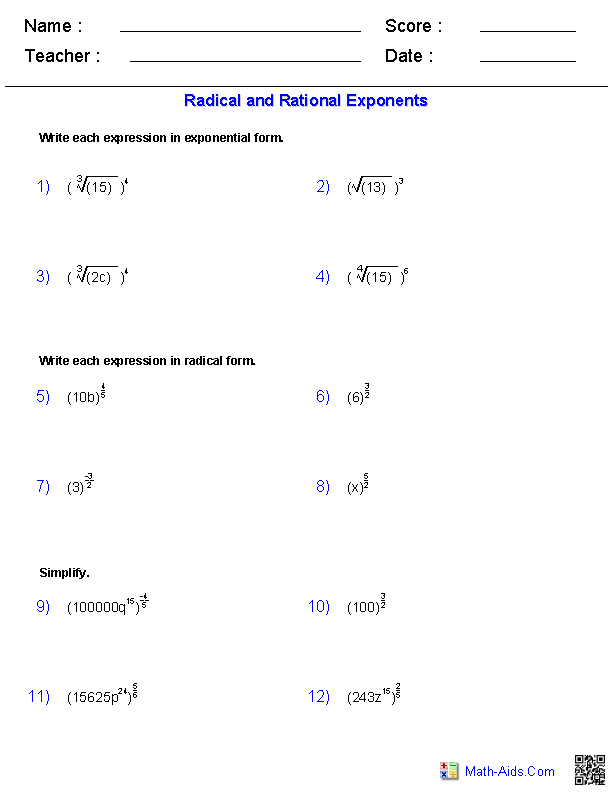 Algebra 2 Worksheets Radical Functions Worksheets Exponent 