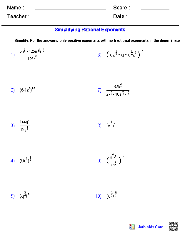 Algebra 2 Worksheets Radical Functions Worksheets Exponent 