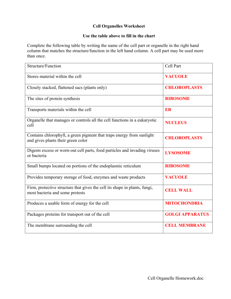 Cell Organelles Worksheet Answer Key Db excel