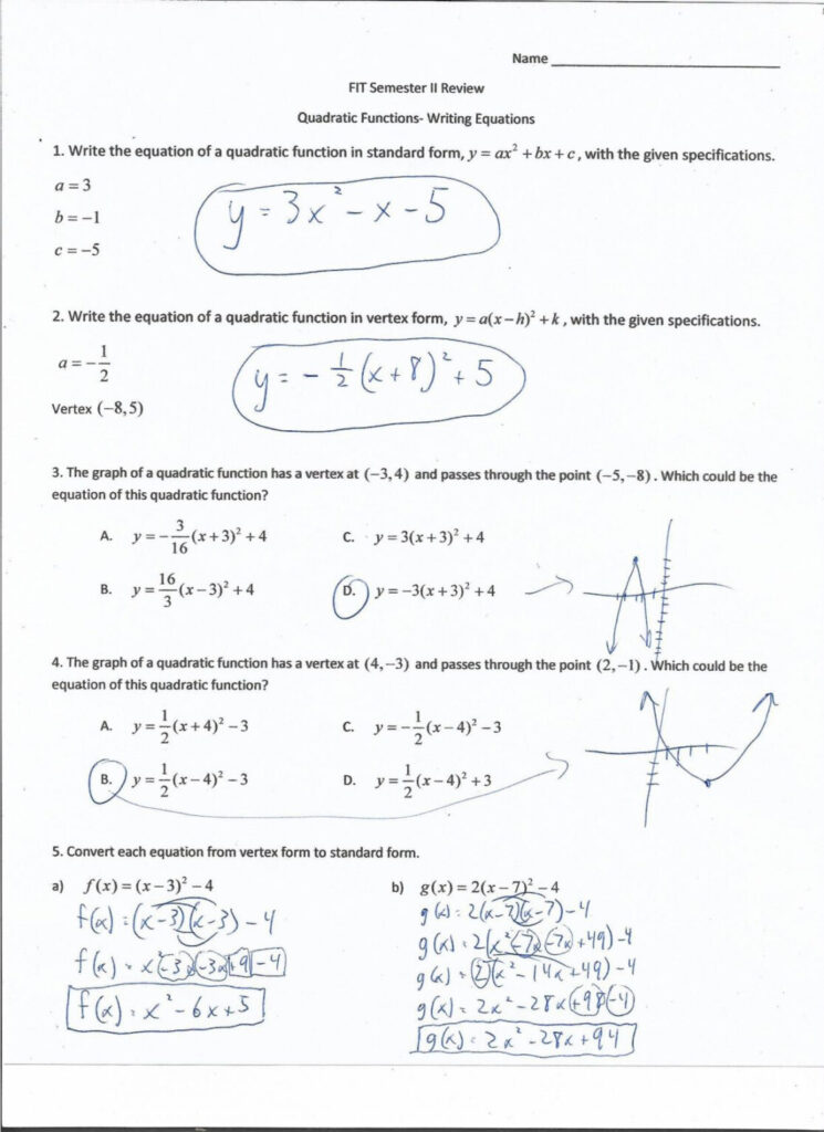 Characteristics Of Quadratic Functions Practice Worksheet A Answer Key 
