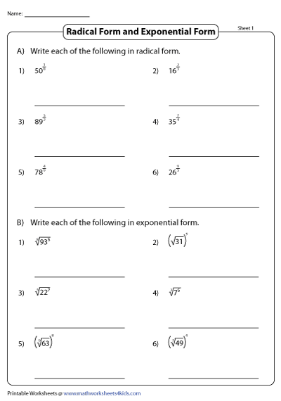 Convert Between Radical And Exponential Form Worksheets