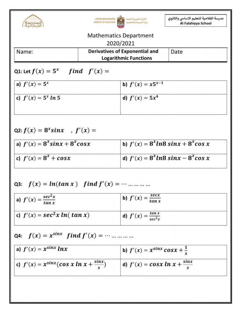 Derivative Of Exponential And Logarithmic Functions Worksheet 