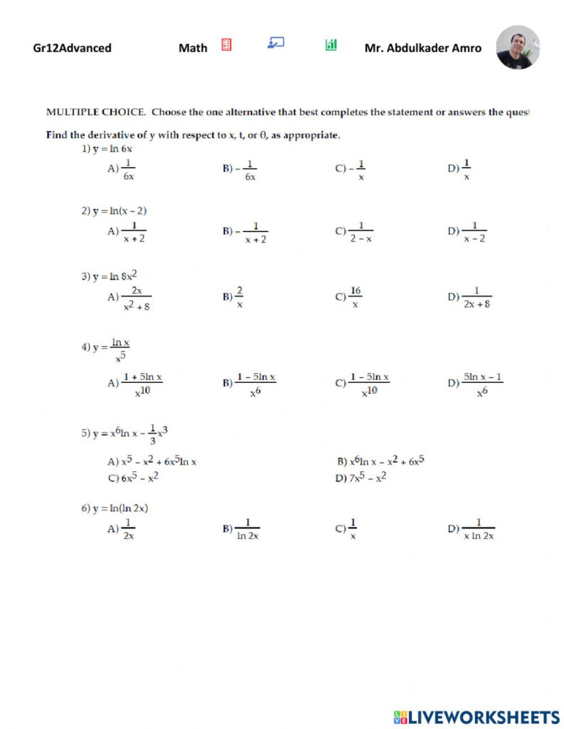 Derivative Of The Natural Logarithmic Function Worksheet