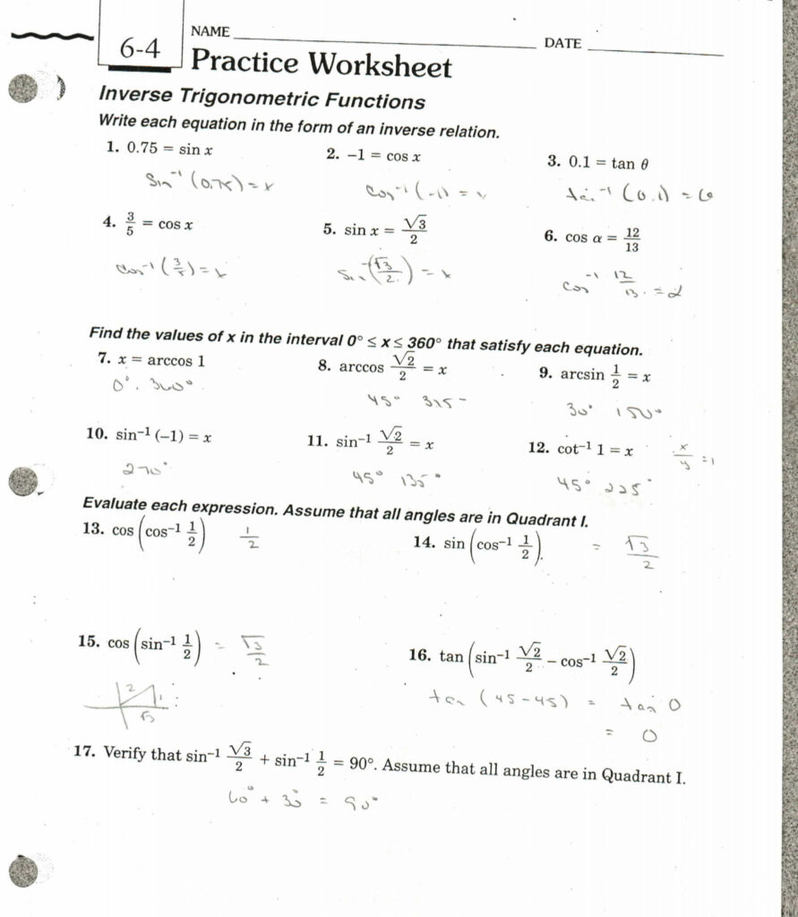 Derivatives Of Inverse Trig Functions Worksheet With Answers Function 