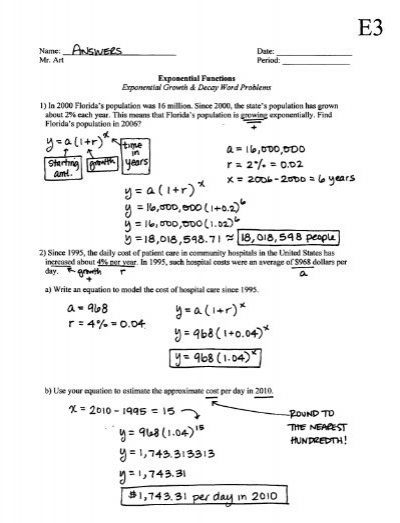 Exponential Functions Growth Decay Worksheet E3 Answers Great 