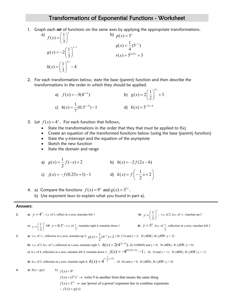 Exponential Functions Transformations Worksheet Function Worksheets