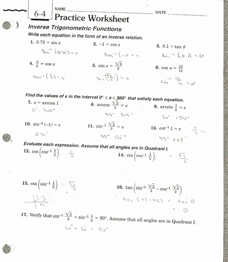 Inverse Trig Function Problems With Answers Function Worksheets 4597