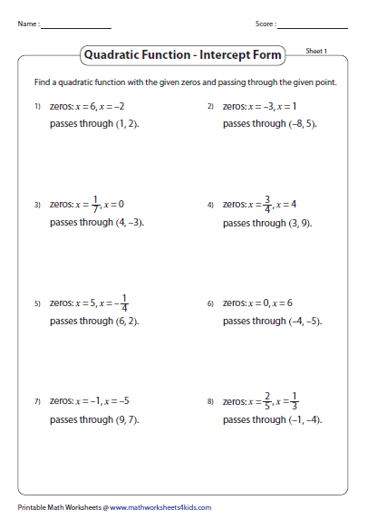 Quadratic Function Worksheets