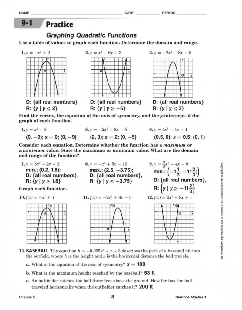 Quadratic Functions Worksheet Answers Worksheet Graphing Quadratic 