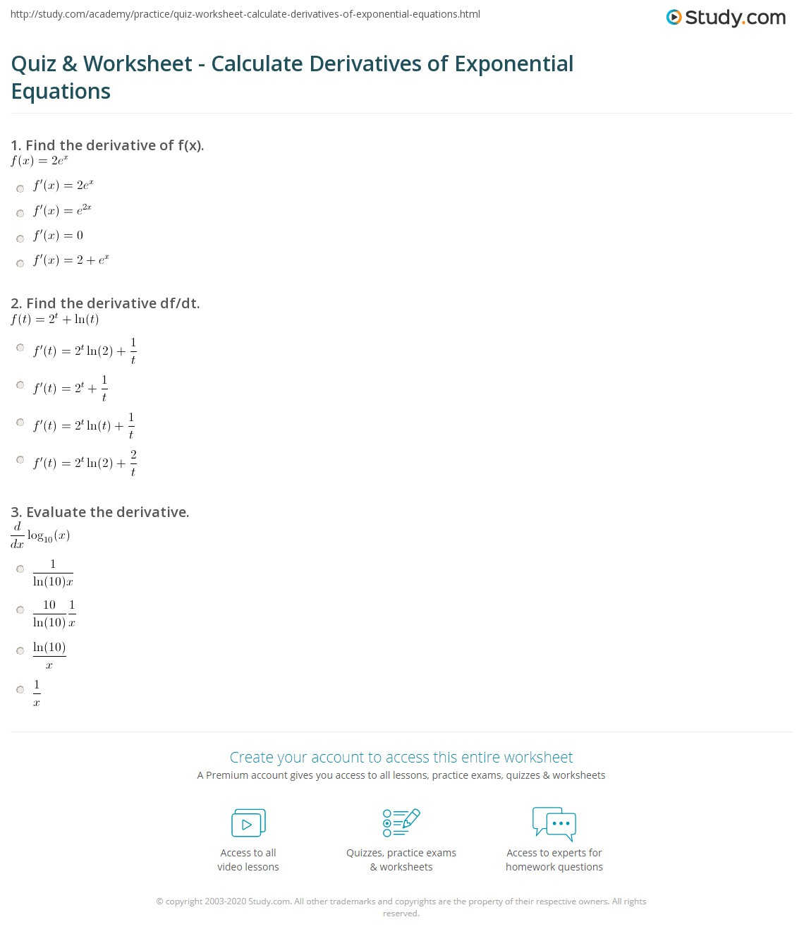 Quiz Worksheet Calculate Derivatives Of Exponential Equations 