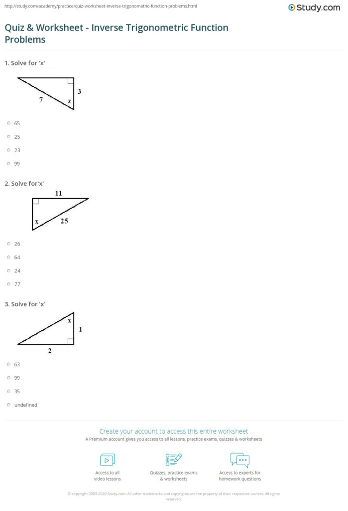 Quiz Worksheet Inverse Trigonometric Function Problems Study