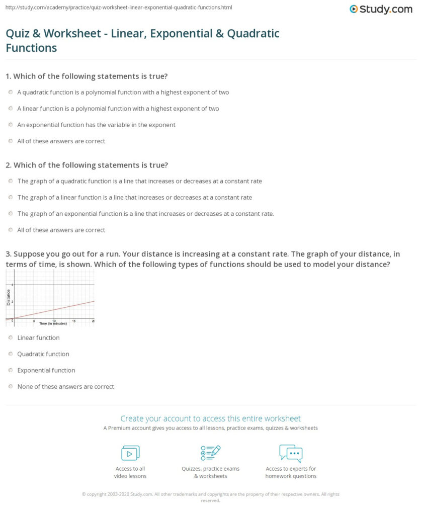 Quiz Worksheet Linear Exponential Quadratic Functions Study