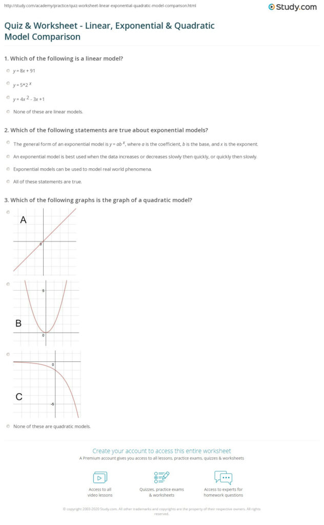 Quiz Worksheet Linear Exponential Quadratic Model Comparison 