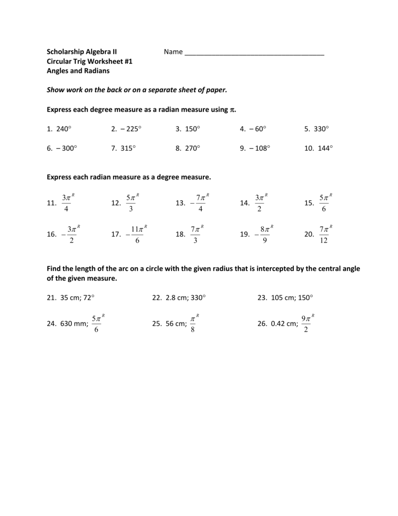 Scholarship Algebra II Name Circular Trig Worksheet 1 Angles And