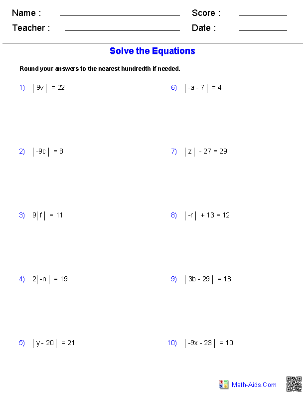 Solving Absolute Value Equations Worksheet Answer Key Thekidsworksheet