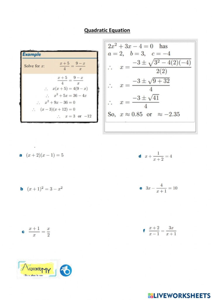 Transformations Of Quadratic Functions Worksheet