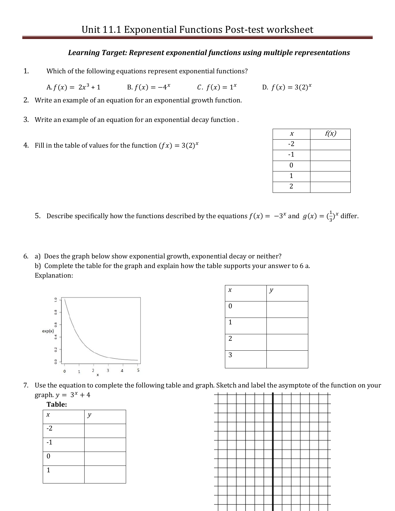 Free Printable Worksheets On Identifying Exponential Functions