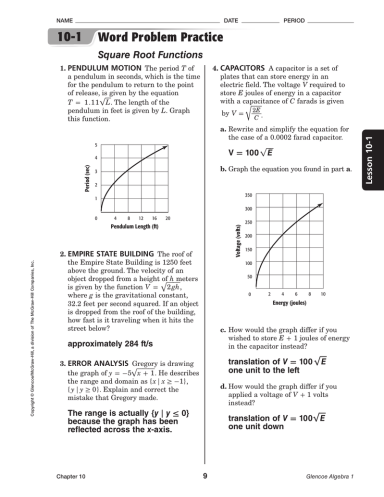 10 1 Word Problem Practice Square Root Functions