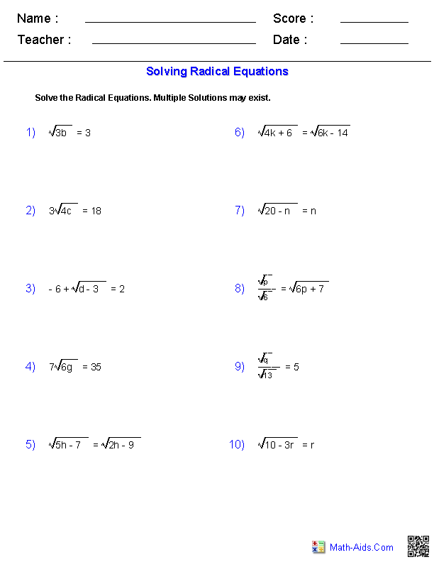 Algebra 1 Worksheets Radical Expressions Worksheets