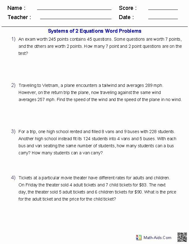 Algebra 2 Word Problems Worksheet New Systems Of Two Equations Word 