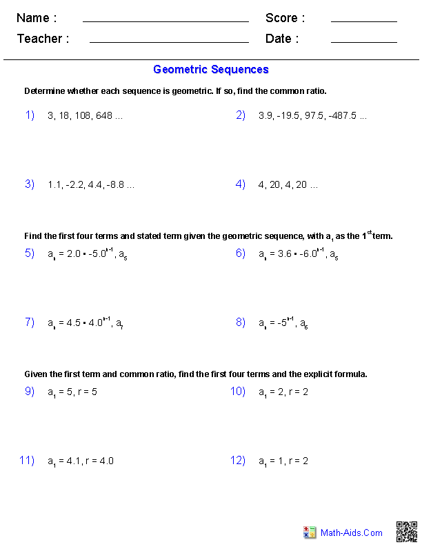 Algebra 2 Worksheets Sequences And Series Worksheets Arithmetic 