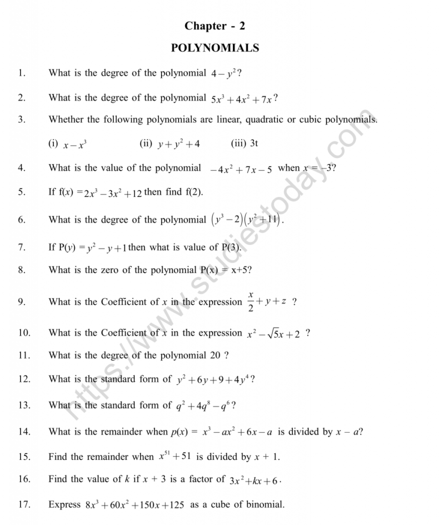 CBSE Class 9 Mental Maths Polynomials Worksheet