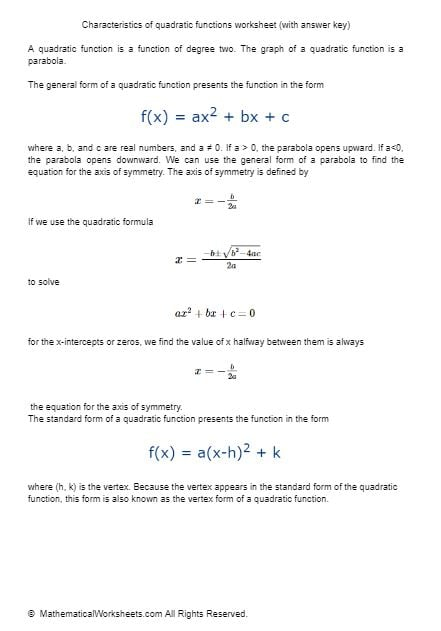 Characteristics Of Quadratic Functions Worksheet with Answer Key 