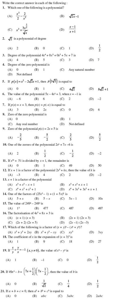 Class 9 Important Questions For Maths Polynomials Polynomials Math 