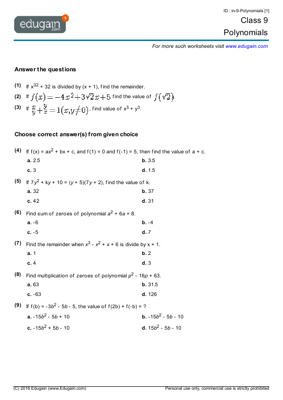 Class 9 Polynomials Math Practice Questions Tests Worksheets Quizzes Assignments 