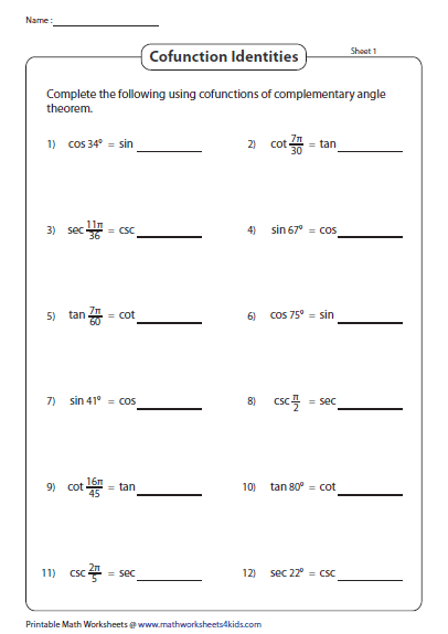 Cofunction Identities Worksheets